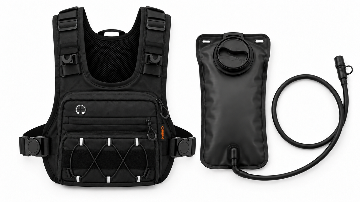 KORERIG 01 vest in Black beside the complete 2-litre hydration system
