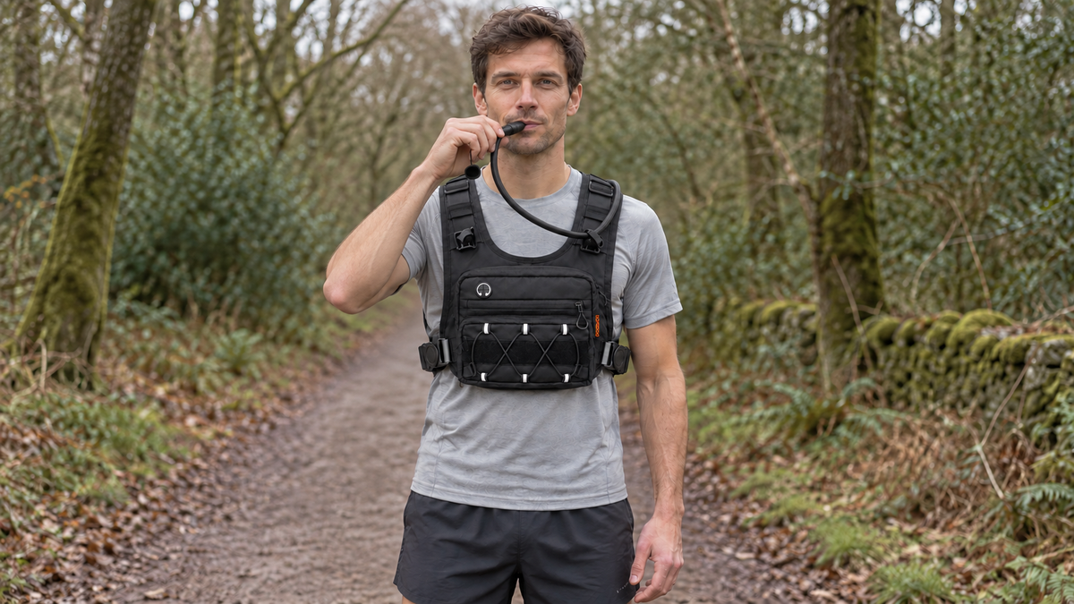 Runner drinking from the black tube of the KORERIG hydration vest