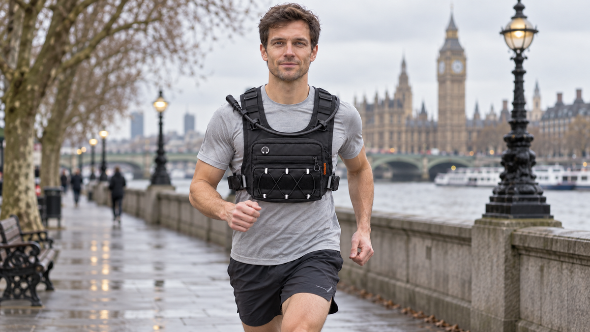 Runner wearing a compact Black KORERIG vest in London
