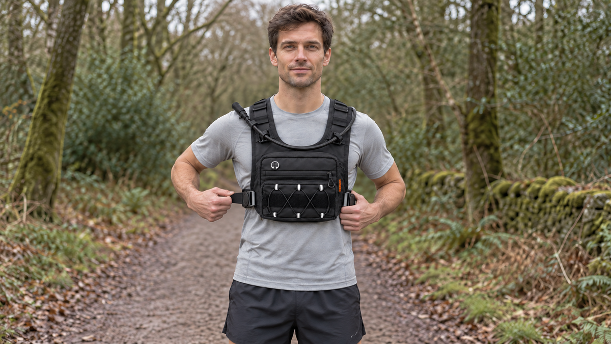 Runner tightening the side straps of the KORERIG hydration vest