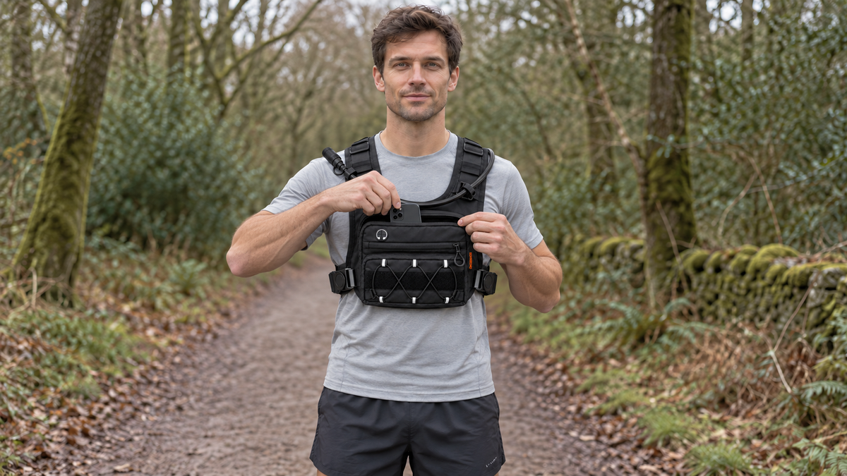 Runner opening the front storage pouch of the KORERIG vest