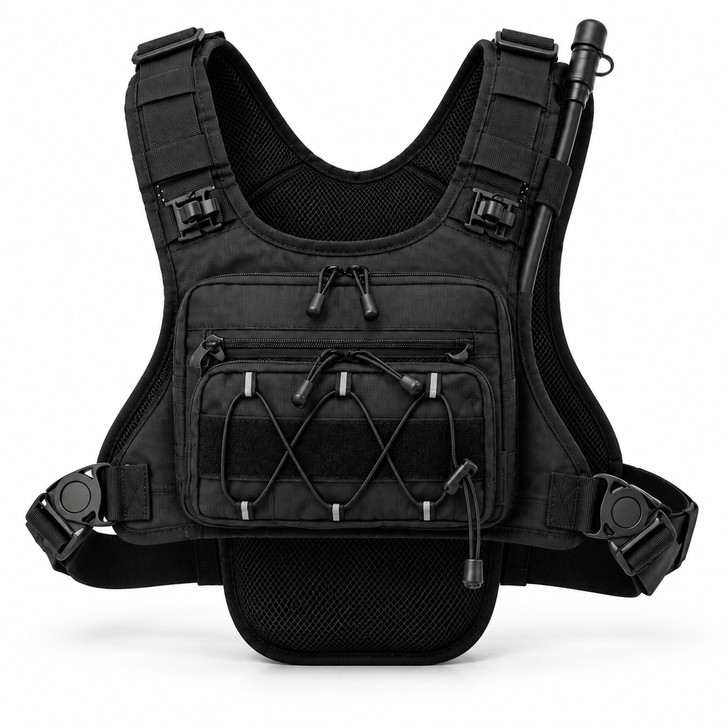 KORERIG 01 hydration vest in Black, front view with the multi-layer front pocket and elastic retention cords