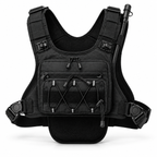KORERIG 01 hydration vest in Black, front view with the multi-layer front pocket and elastic retention cords