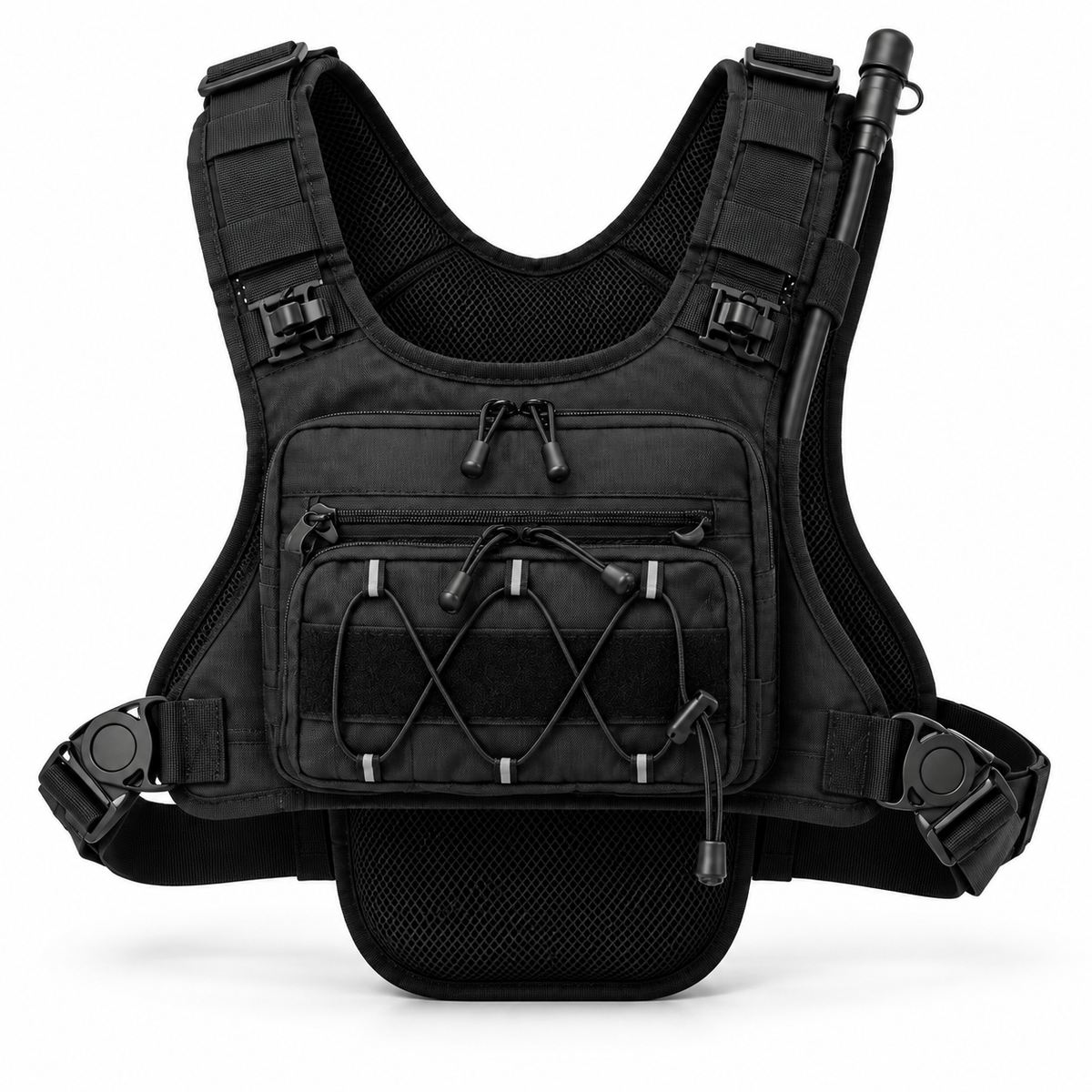 KORERIG 01 hydration vest in Black, front view with the multi-layer front pocket and elastic retention cords