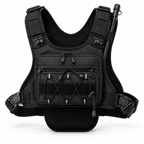 KORERIG 01 hydration vest in Black, front view with the multi-layer front pocket and elastic retention cords