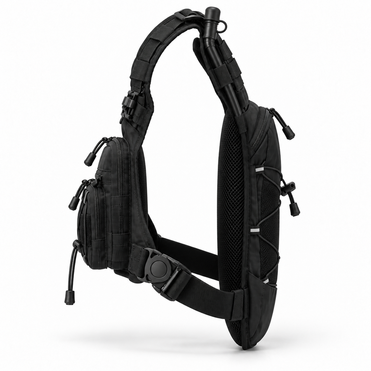 KORERIG 01 hydration vest in Black, side view showing the adjustable side straps and quick-release buckles