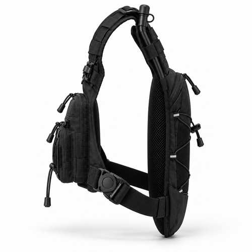 KORERIG 01 hydration vest in Black, side view showing the adjustable side straps and quick-release buckles