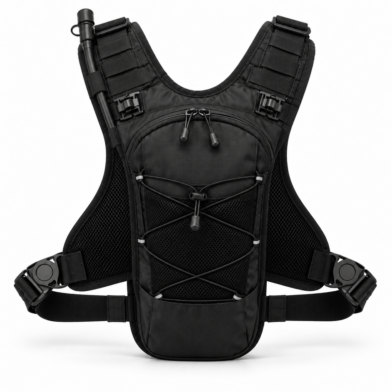 KORERIG 01 hydration vest in Black, back view showing the breathable mesh panel and rear reservoir compartment