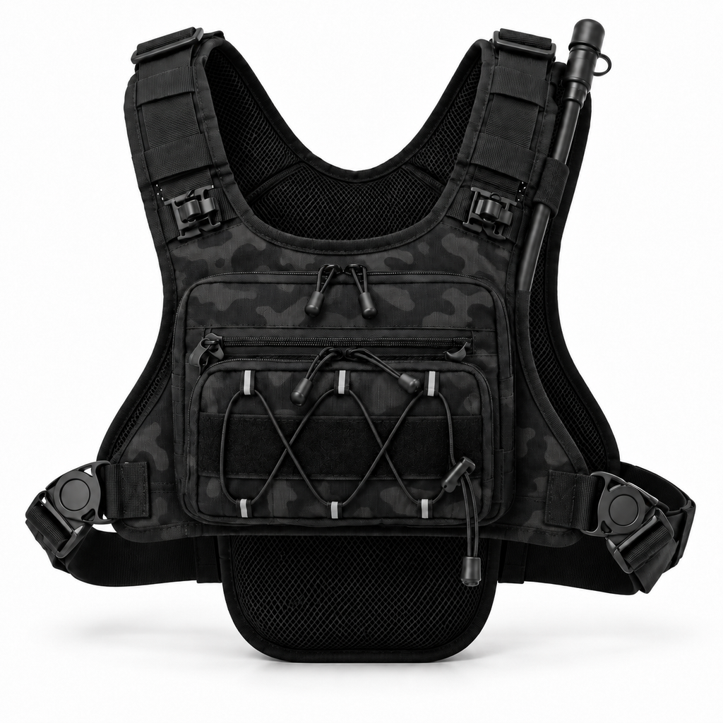 KORERIG 01 hydration vest in Black Camo, front view
