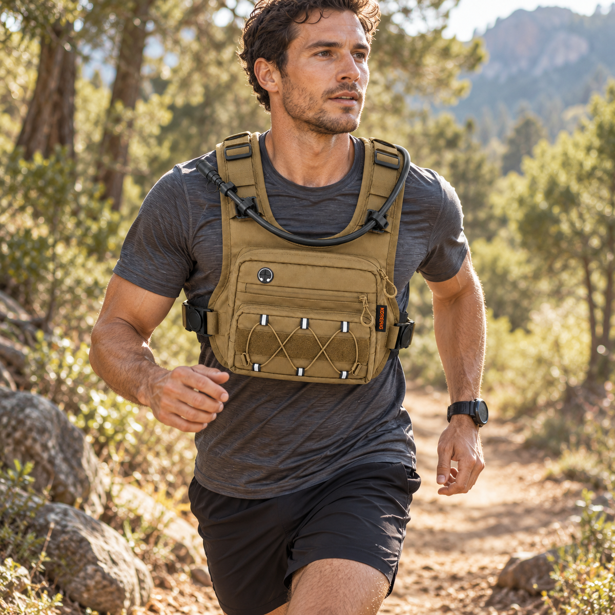 Runner wearing a KORERIG hydration vest in Coyote on a sunlit woodland trail