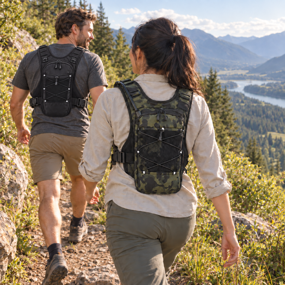 Two hikers wearing KORERIG hydration vests in Green Camo and Black on a mountain trail