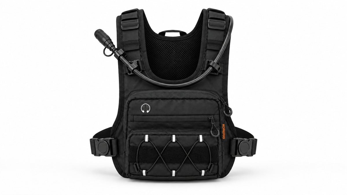 Black KORERIG hydration vest with the black tube over the shoulder
