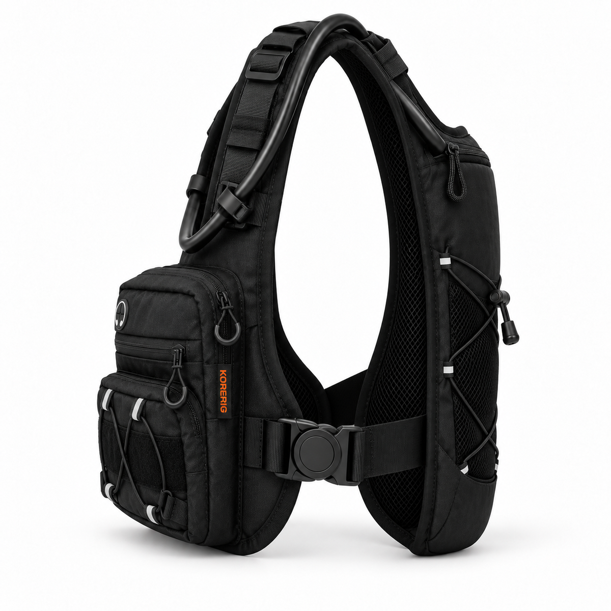 Side view of the Black KORERIG vest, showing the front pouch, side buckle and rear compartment