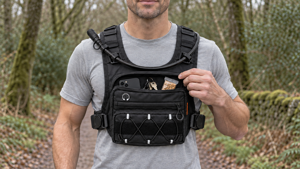 Open front storage pouch on a worn KORERIG vest
