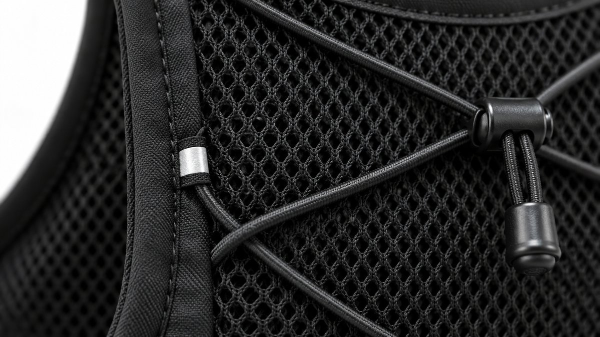 Close-up of mesh and elastic cord on the rear compartment