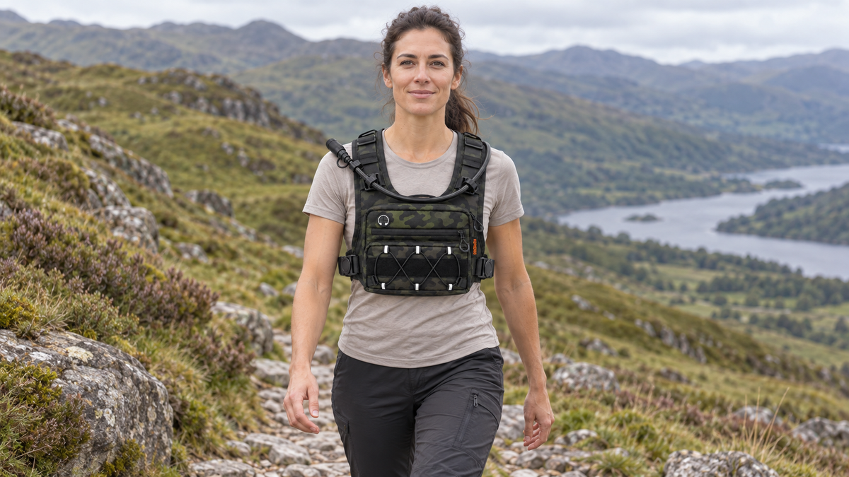 Hiker wearing a Green Camo KORERIG vest in the hills